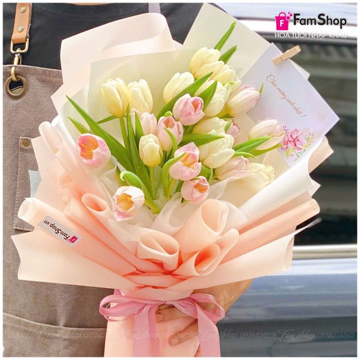 Bó hoa tulip trắng hồng 20 bông BTLTH20B