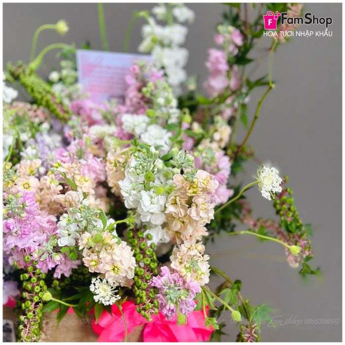 Giỏ hoa phi yến hồng tím trắng GHPYHTT