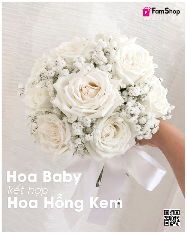 Bó hoa cưới baby kết hợp hoa hồng kem
