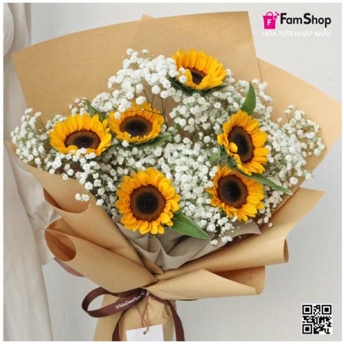Bó hoa hướng dương phối baby trắng