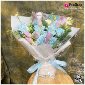 Bó hoa hồng xanh kết hợp tulip tím