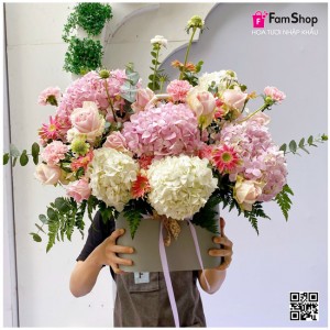 Lẵng hoa cẩm tú cầu hồng trắng